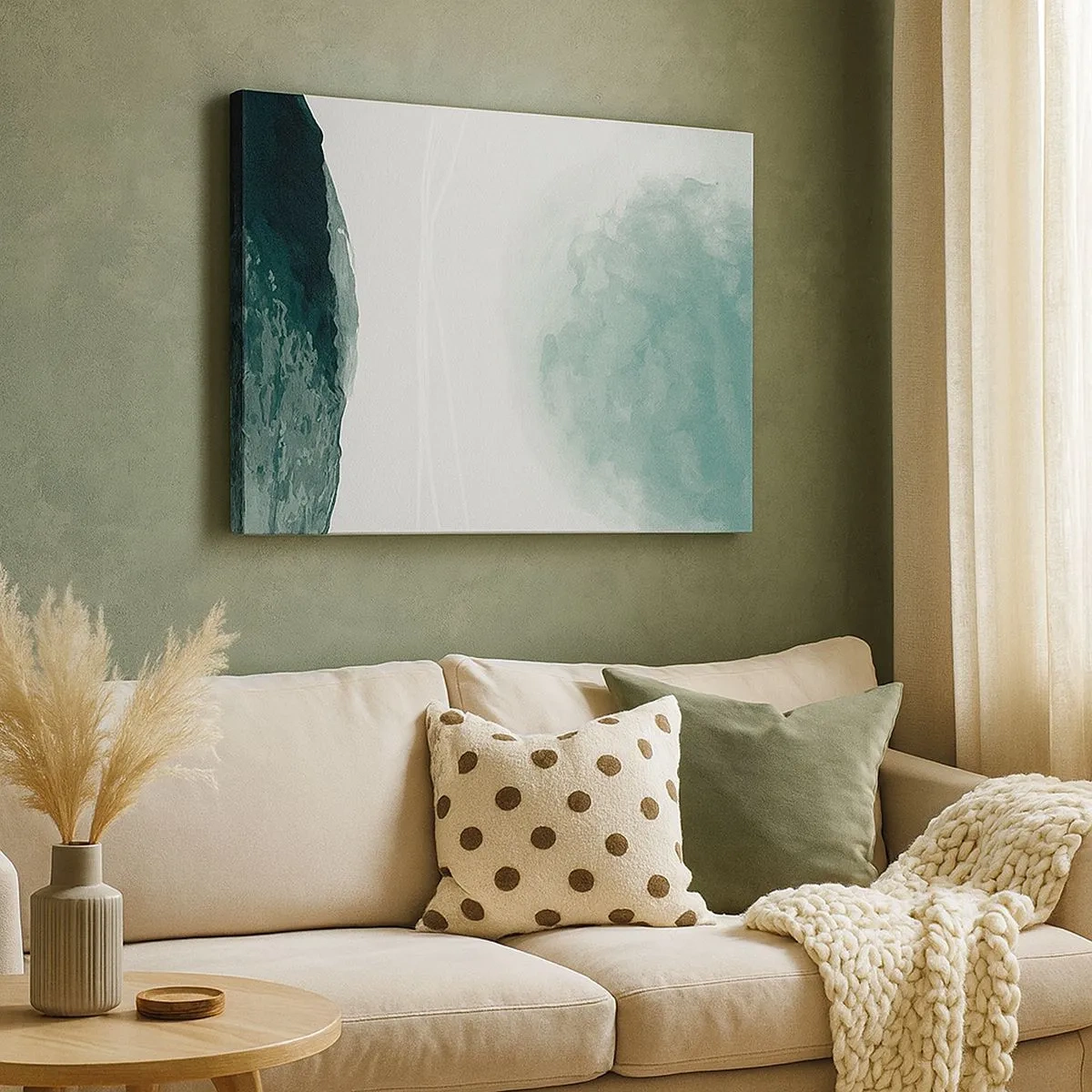 Quadro su tela - Stampe su Tela - Una delicata composizione astratta nelle tonalità del verde, con forme delicate su uno sfondo chiaro. - 70x50cm - Incontro con la nebbia - Decorazione murale moderna per soggiorno e camera da letto ARTTOR