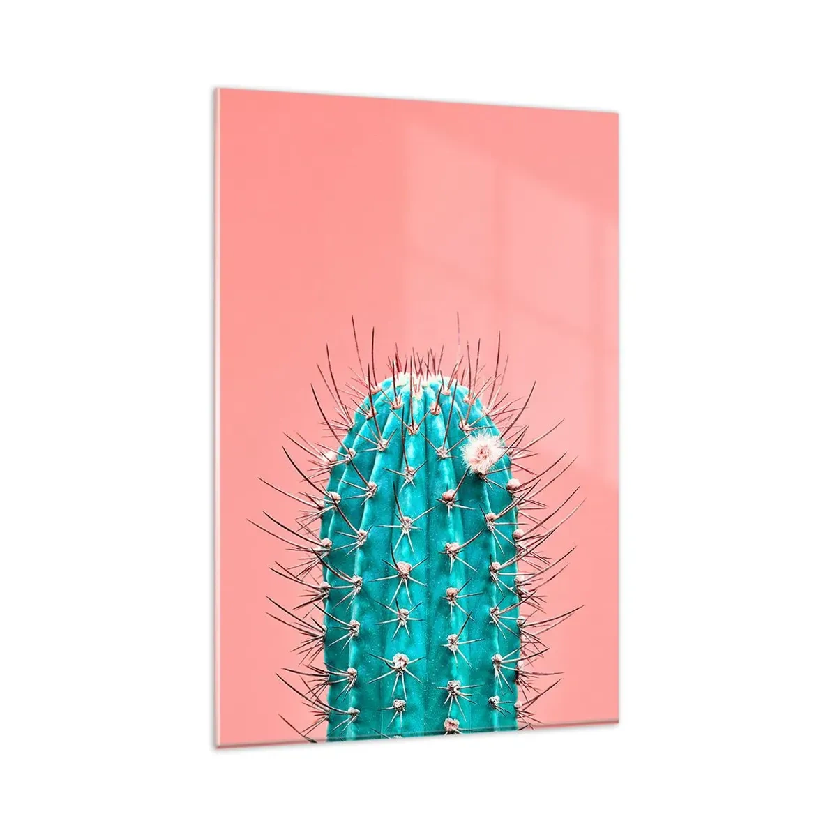 Quadro su vetro - Un'interpretazione artistica di un cactus su uno sfondo rosa - 80x120cm - Stai attento - Decorazione murale moderna per soggiorno e camera da letto ARTTOR