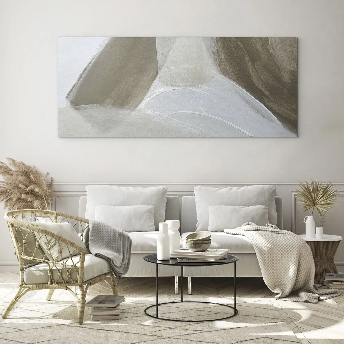 Quadro su vetro - Delicata astrazione nei toni del beige e del bianco - 140x50cm - Onda di bianco - Decorazione murale moderna per soggiorno e camera da letto ARTTOR