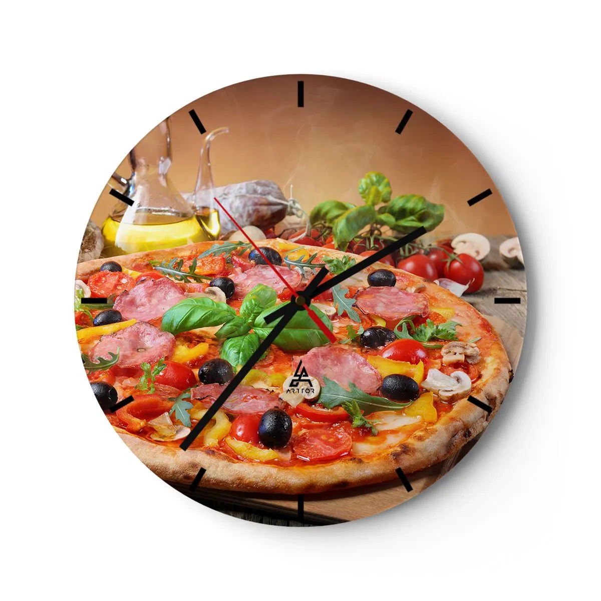 Orologio da parete - Orologio in Vetro - Pizza appetitosa con condimenti su un tavolo di legno - 30x30cm - Con gusto veramente italiano - Decorazione murale moderna per soggiorno, cucina e camera da letto ARTTOR