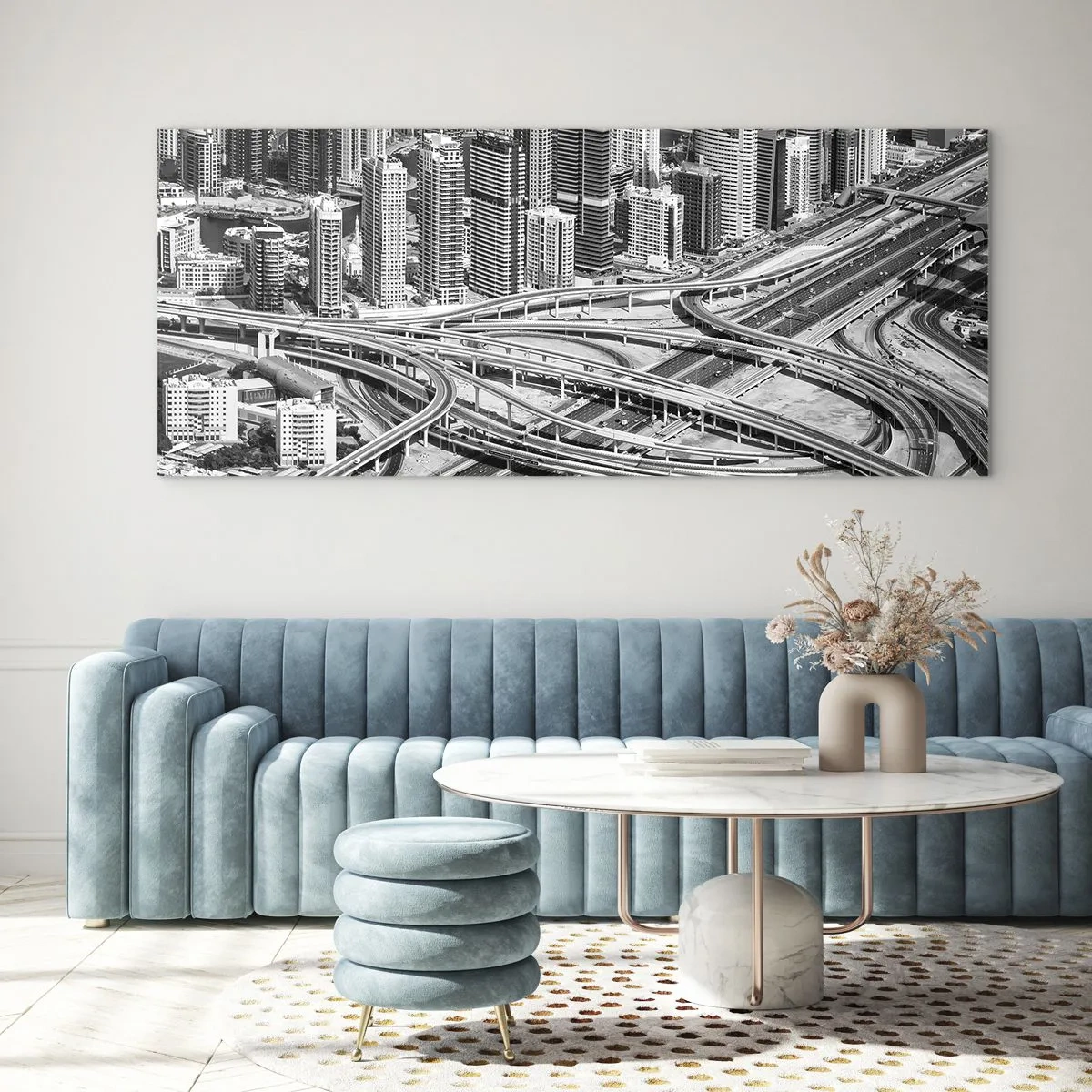 Quadro su vetro - Una vista a volo d'uccello di Dubai - 160x50cm - Dubai - città impossibile - Decorazione murale moderna per soggiorno e camera da letto ARTTOR