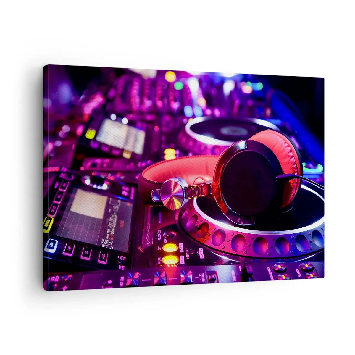 Quadro su tela - Stampe su Tela - Cuffie da DJ su una console con illuminazione al neon - 70x50cm - Prima che inizi la festa - Decorazione murale moderna per soggiorno e camera da letto ARTTOR