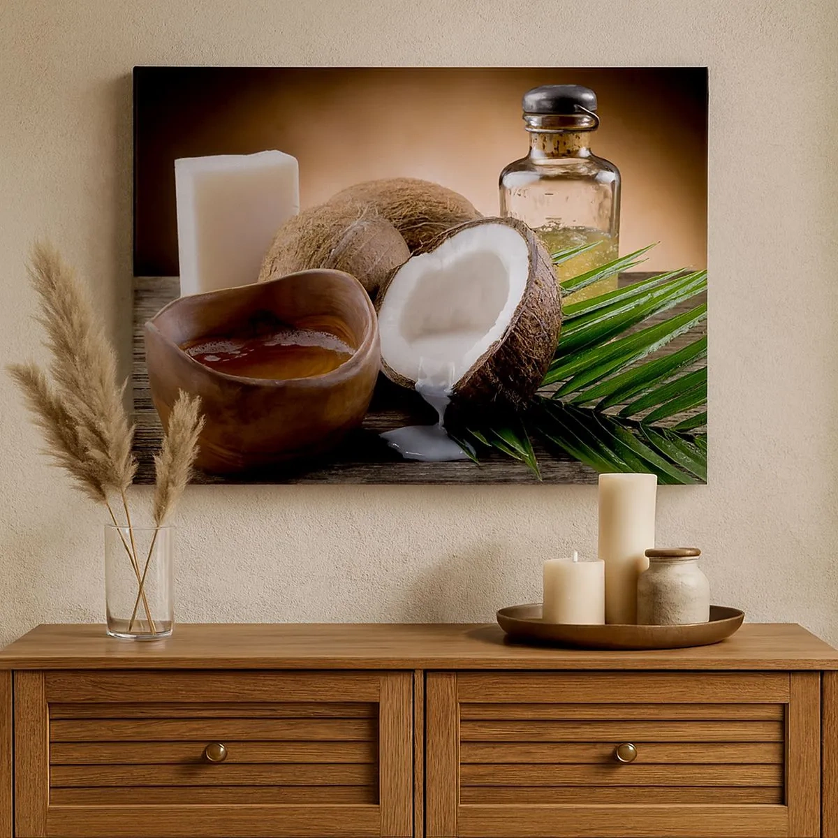 Quadro su tela - Stampe su Tela - Noci di cocco, candela e olio su uno sfondo di legno - 70x50cm - Salute dalle isole tropicali - Decorazione murale moderna per soggiorno e camera da letto ARTTOR
