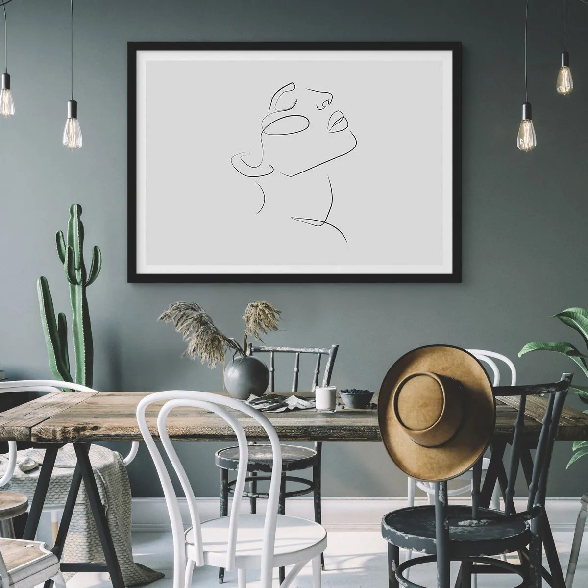 Poster in cornice nera - Uno schizzo minimalista del volto di una donna di profilo. - 100x70cm - I meandri dei sogni - Decorazione murale moderna per soggiorno e camera da letto ARTTOR
