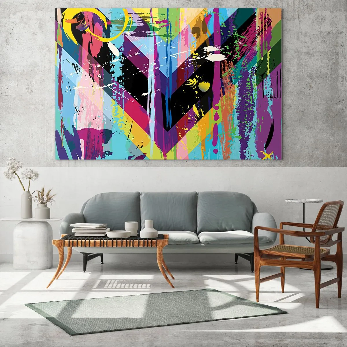 Quadro su vetro - Astrazione colorata con forme dinamiche e colori intensi - 70x50cm - Dall'alto in basso - Decorazione murale moderna per soggiorno e camera da letto ARTTOR