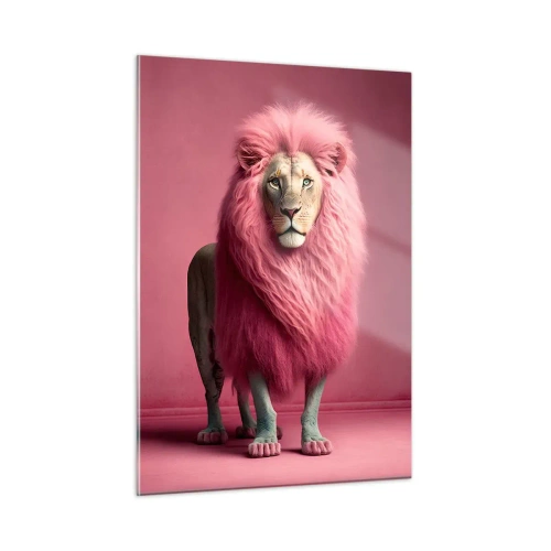 Quadro su vetro - Un leone con la criniera rosa contro una parete pastello - 50x70cm - E non mette più paura - Decorazione murale moderna per soggiorno e camera da letto ARTTOR