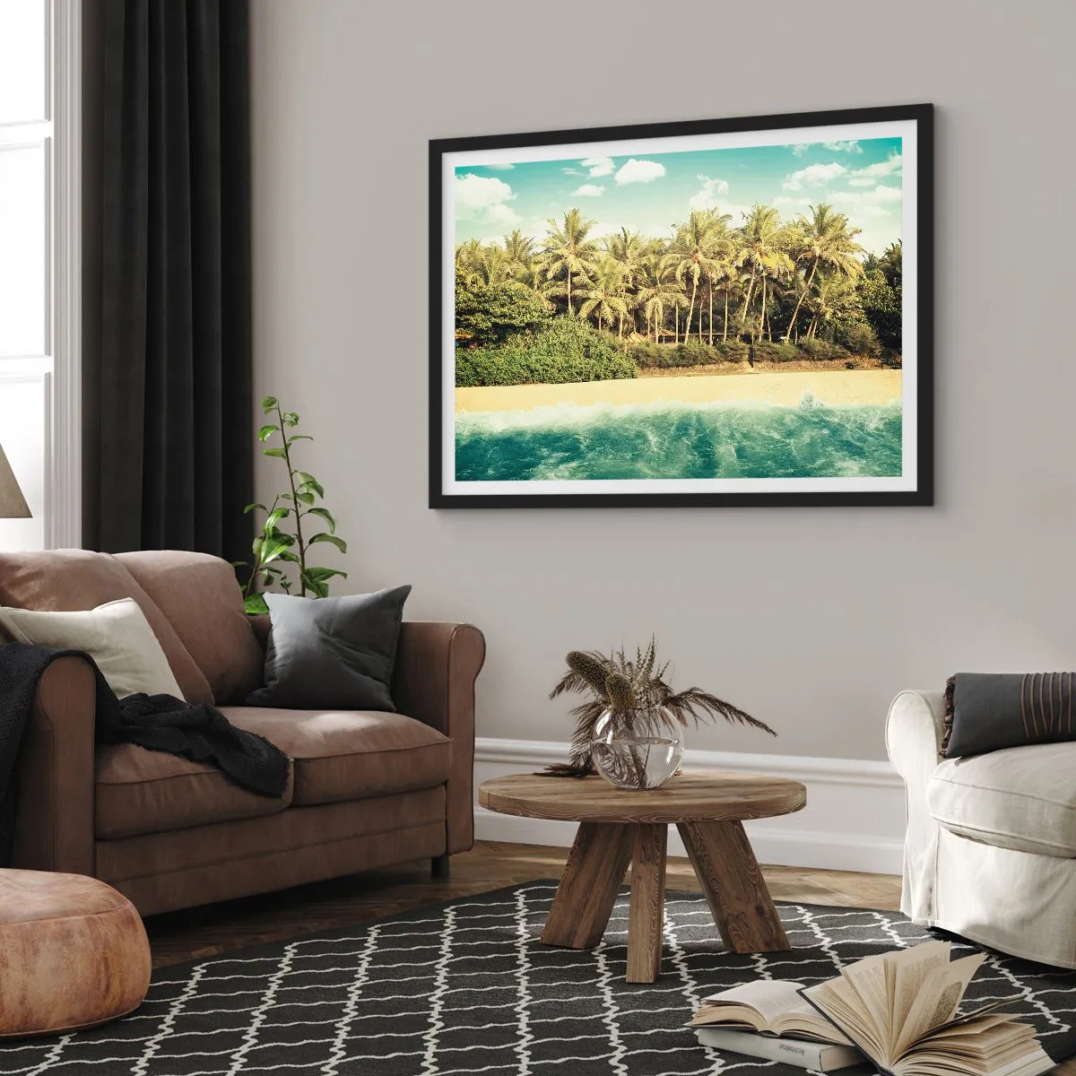 Poster in cornice nera - Spiaggia tropicale con palme e mare turchese - 70x50cm - Forse qui? - Decorazione murale moderna per soggiorno e camera da letto ARTTOR
