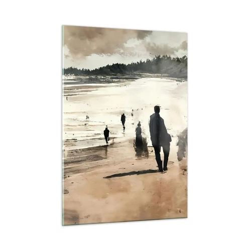 Quadro su vetro - Silhouette che camminano su un'ampia spiaggia sotto un cielo nuvoloso - 50x70cm - Convocati - Decorazione murale moderna per soggiorno e camera da letto ARTTOR