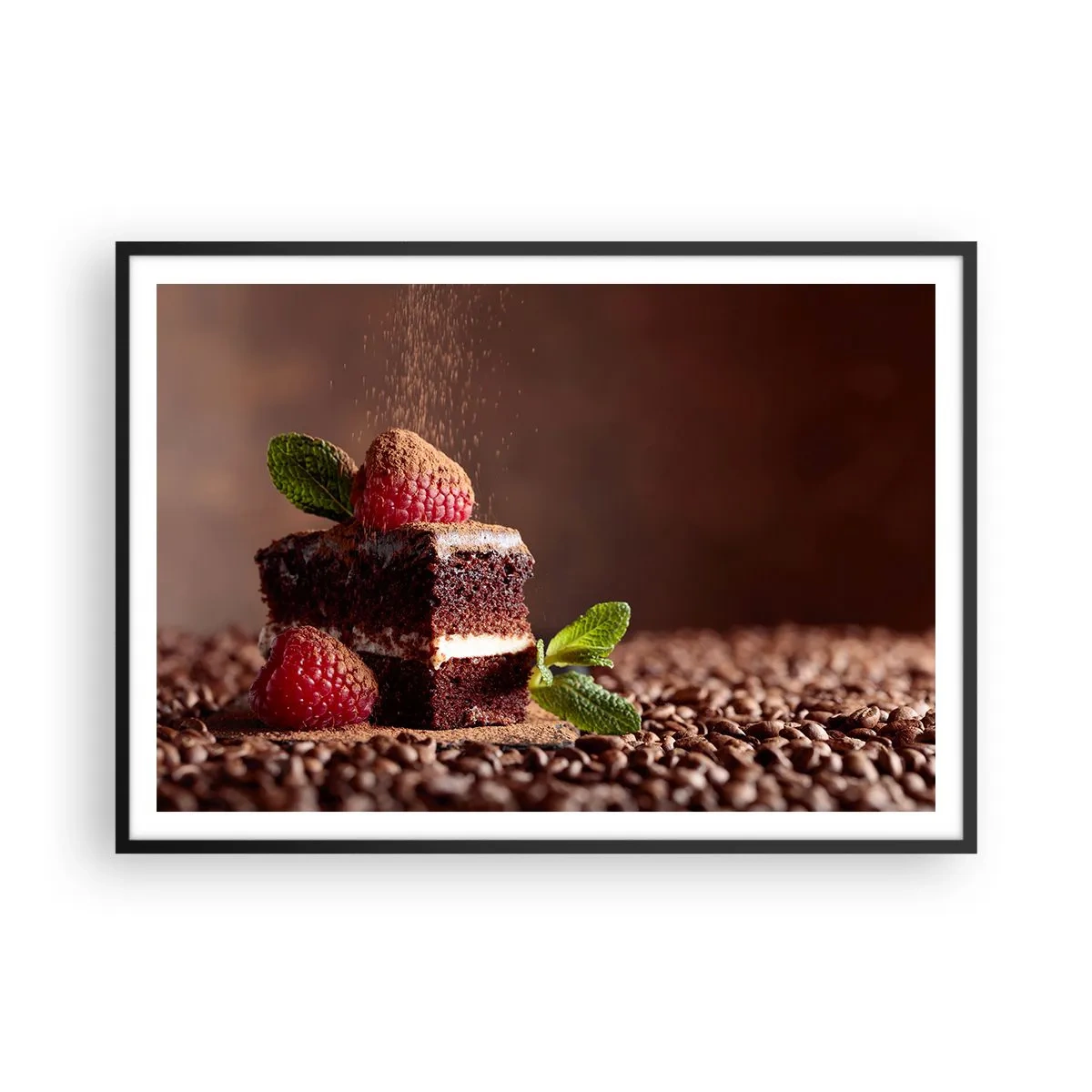 Poster in cornice nera - Torta al cioccolato con lamponi e menta su uno sfondo di fave di cacao - 100x70cm - La vita è dolce - Decorazione murale moderna per soggiorno e camera da letto ARTTOR