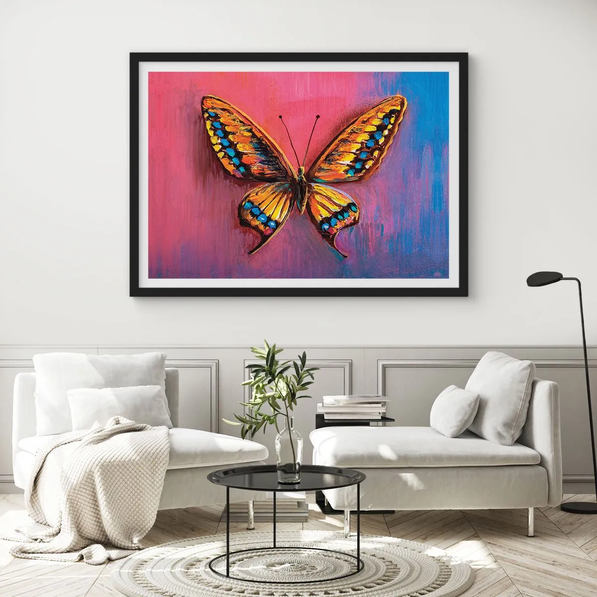 Poster in cornice nera - Farfalla colorata su uno sfondo astratto - 70x50cm - Gioielli della natura - Decorazione murale moderna per soggiorno e camera da letto ARTTOR