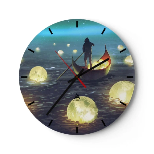 Orologio da parete - Orologio in Vetro - Una figura in una barca circondata da sfere luminose sull'acqua - 30x30cm - Cose che neanche i filosofi hanno sognato - Decorazione murale moderna per soggiorno, cucina e camera da letto ARTTOR