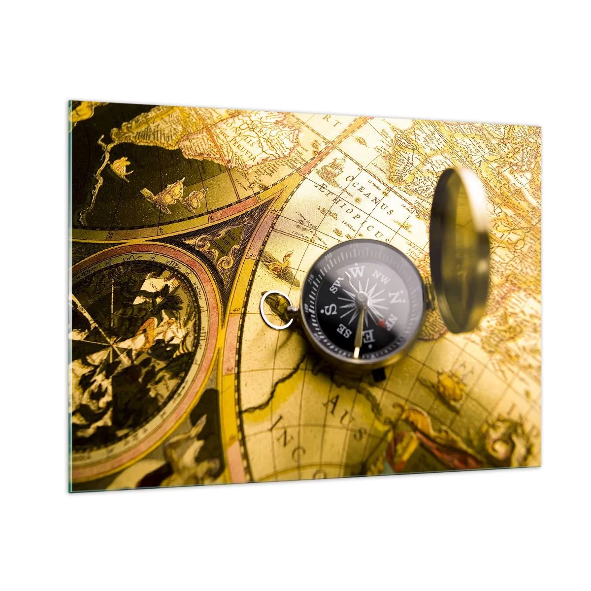 Quadro su vetro - Una mappa dorata con una bussola come accento avventuroso - 100x70cm - Forse all'estremità del mondo? - Decorazione murale moderna per soggiorno e camera da letto ARTTOR