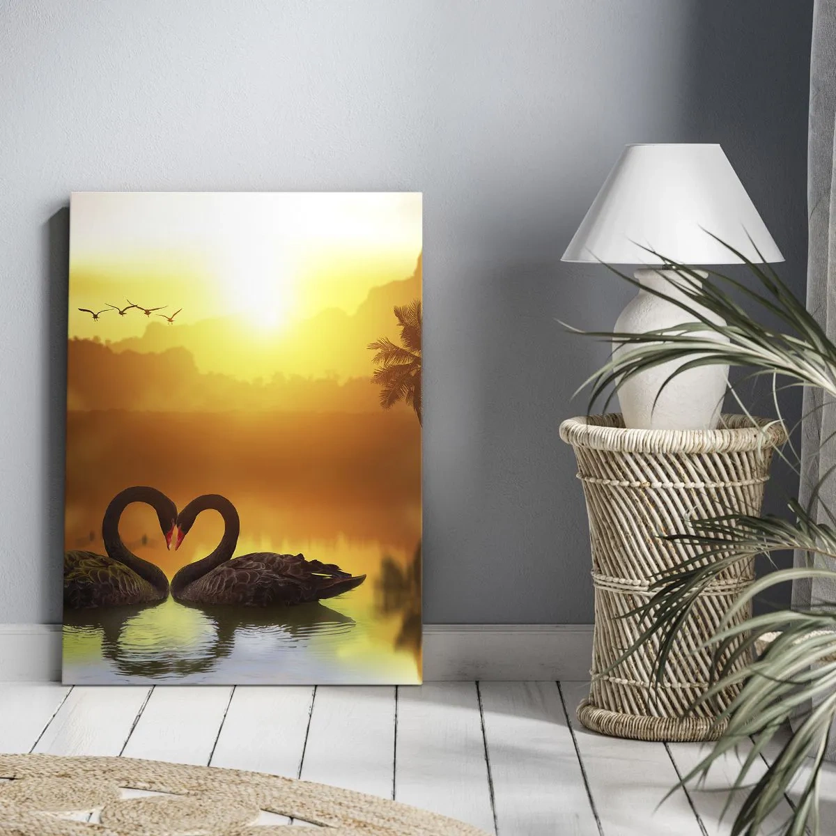 Quadro su tela - Stampe su Tela - Due cigni neri formano un cuore sullo sfondo di un tramonto sul lago - 70x100cm - Tutto in coppia - Decorazione murale moderna per soggiorno e camera da letto ARTTOR