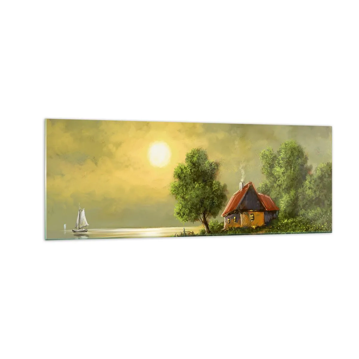 Quadro su vetro - Casa sul lago alla luce del tramonto - 140x50cm - Bello come un quadro - Decorazione murale moderna per soggiorno e camera da letto ARTTOR