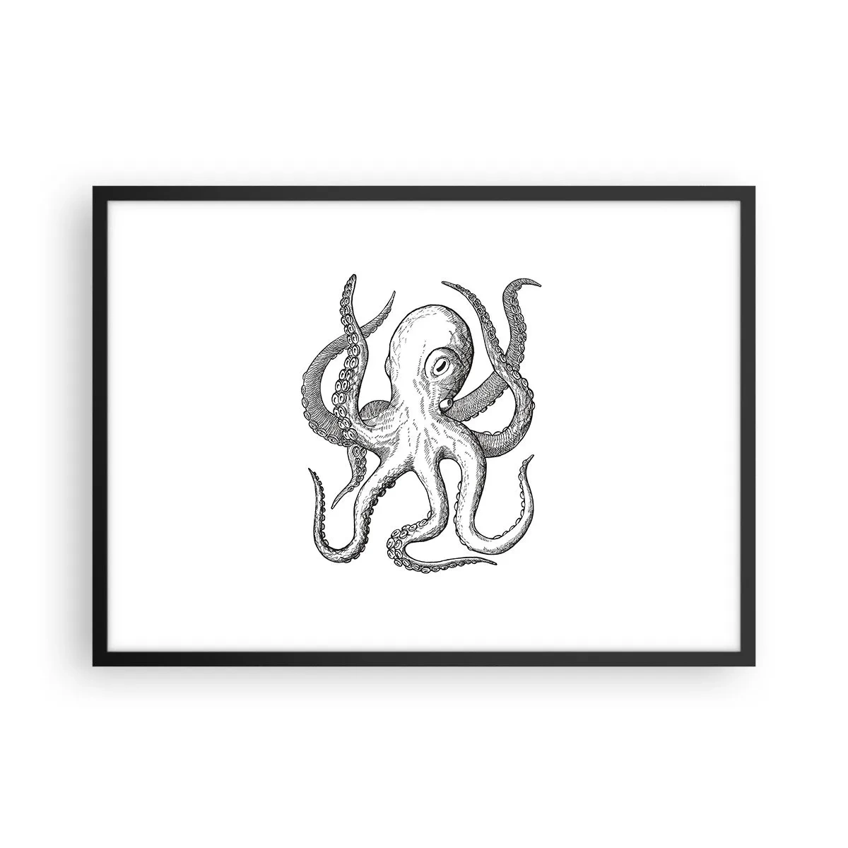 Poster in cornice nera - Disegno in bianco e nero di un polpo su sfondo bianco in stile vintage - 70x50cm - Ballando con le onde - Decorazione murale moderna per soggiorno e camera da letto ARTTOR