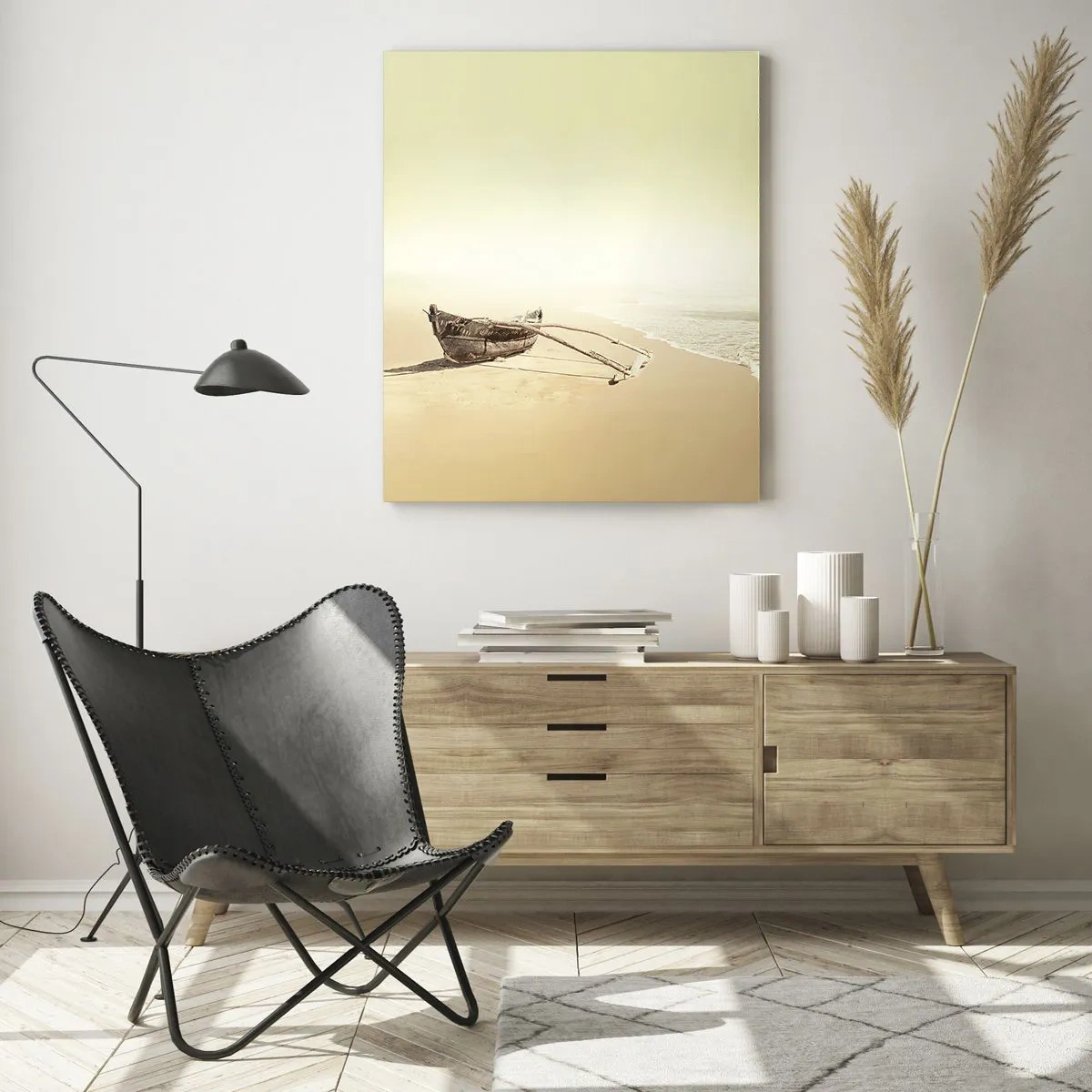 Quadro su vetro - Una vecchia barca da pesca sulla sabbia in riva al mare - 50x70cm - Ricordo dei mari del sud - Decorazione murale moderna per soggiorno e camera da letto ARTTOR
