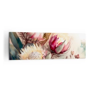 Quadro su tela - Stampe su Tela - Fiori di protea in delicate tonalità pastello - 160x50cm - Di profilo e di fronte - Decorazione murale moderna per soggiorno e camera da letto ARTTOR