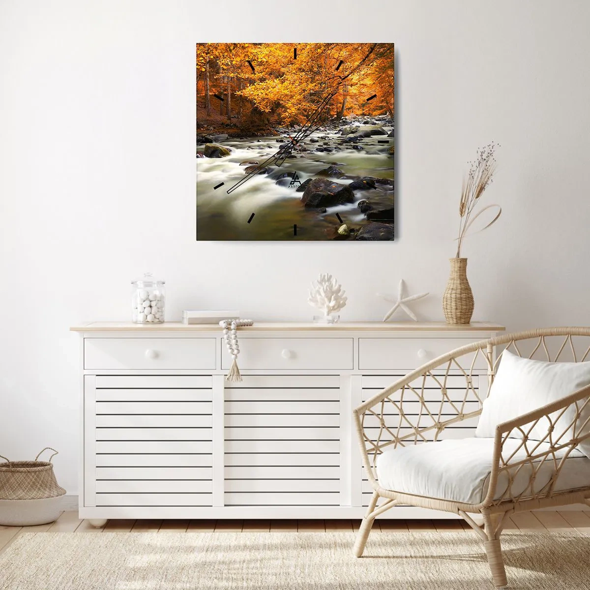 Orologio da parete - Orologio in Vetro - Ruscello nel bosco dorato - 30x30 cm