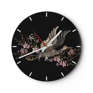 Orologio da parete - Orologio in Vetro - Un uccello in volo tra i fiori su uno sfondo nero - 30x30cm - Uccello esotico ricamato - Decorazione murale moderna per soggiorno, cucina e camera da letto ARTTOR