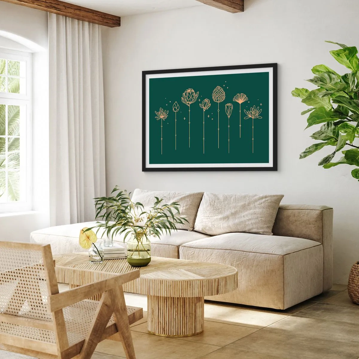Poster in cornice nera - Disegni dorati di erbe su sfondo verde scuro - 70x50cm - La famiglia delle erbe - Decorazione murale moderna per soggiorno e camera da letto ARTTOR