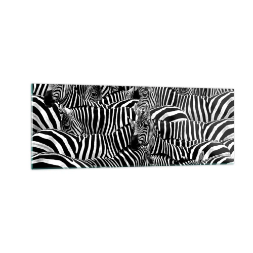 Quadro su vetro - Un gruppo di zebre con strisce bianche e nere che creano un motivo di simmetria. - 140x50cm - Ritratto collettivo a strisce - Decorazione murale moderna per soggiorno e camera da letto ARTTOR