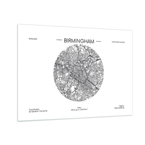 Quadro su vetro - Mappa in bianco e nero di Birmingham in uno stile grafico moderno - 70x50cm - Anatomia di Birmingham - Decorazione murale moderna per soggiorno e camera da letto ARTTOR