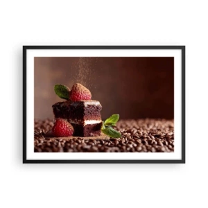 Poster in cornice nera - Torta al cioccolato con lamponi e menta su uno sfondo di fave di cacao - 70x50cm - La vita è dolce - Decorazione murale moderna per soggiorno e camera da letto ARTTOR