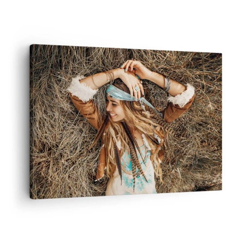 Quadro su tela - Stampe su Tela - Donna in stile boho sdraiata sul fieno - 70x50cm - Verso gli anni dell'amore - Decorazione murale moderna per soggiorno e camera da letto ARTTOR