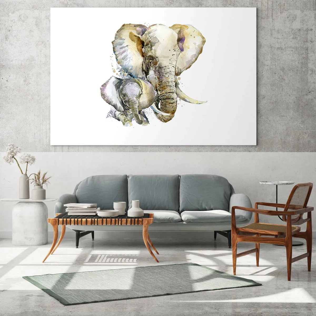 Quadro su vetro - Elefanti artistici in stile acquerello su sfondo bianco - 70x50cm - Con mamma: il posto migliore - Decorazione murale moderna per soggiorno e camera da letto ARTTOR