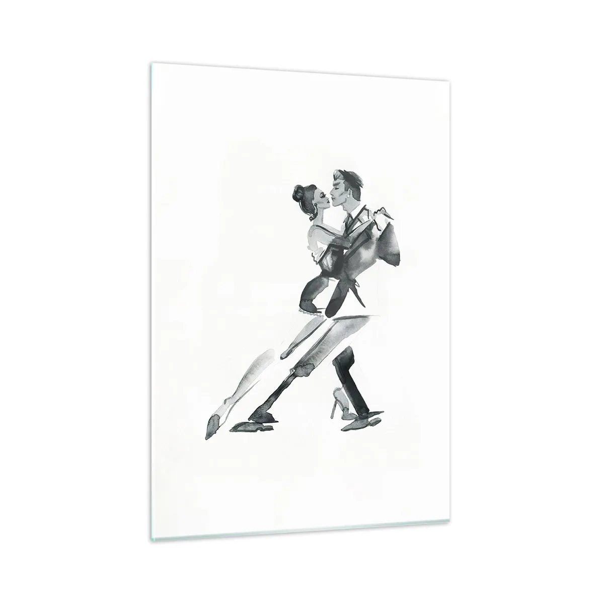 Quadro su vetro - Una coppia che balla il tango in acquerello bianco e nero - 50x70cm - In un unico ritmo - Decorazione murale moderna per soggiorno e camera da letto ARTTOR