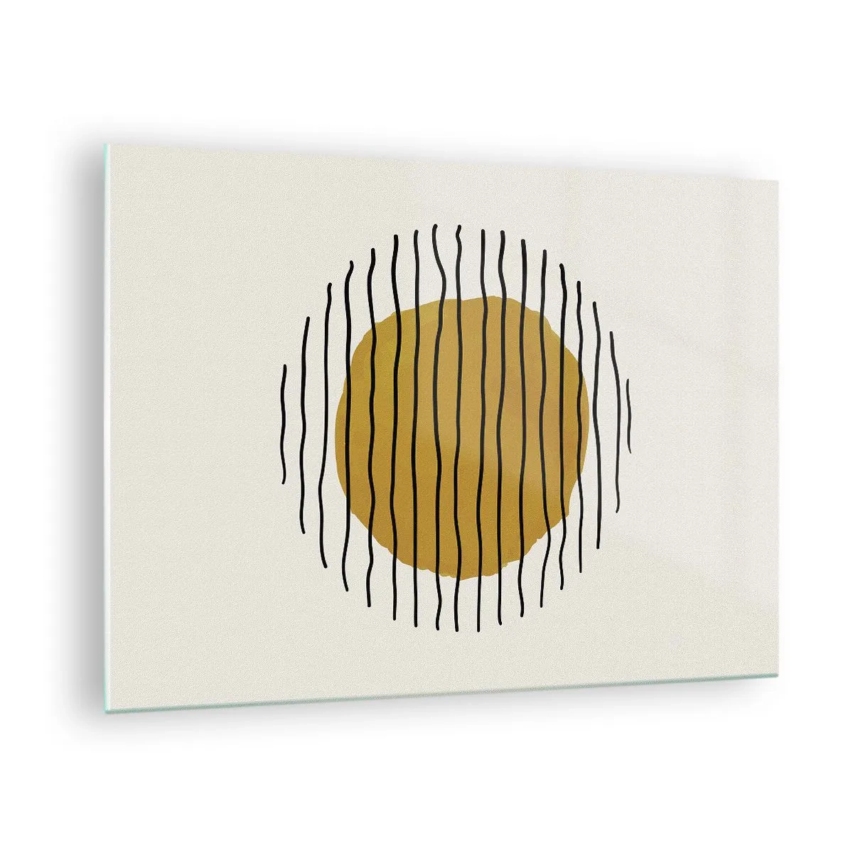 Quadro su vetro - Una composizione minimalista con un cerchio giallo e linee nere. - 70x50cm - Astrazione fremente di calore - Decorazione murale moderna per soggiorno e camera da letto ARTTOR