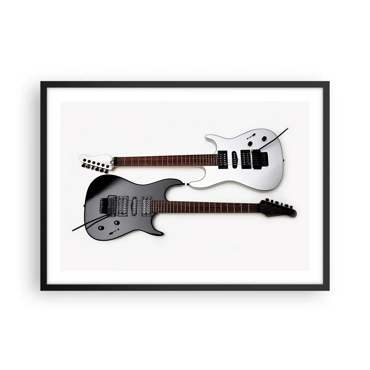 Poster in cornice nera - Due chitarre elettriche in bianco e nero su uno sfondo chiaro. - 70x50cm - Armonia delle forme - Decorazione murale moderna per soggiorno e camera da letto ARTTOR