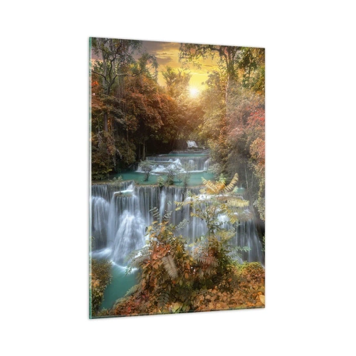 Quadro su vetro - Una pittoresca cascata circondata da una foresta autunnale al tramonto - 50x70cm - Il tesoro nascosto nel bosco - Decorazione murale moderna per soggiorno e camera da letto ARTTOR