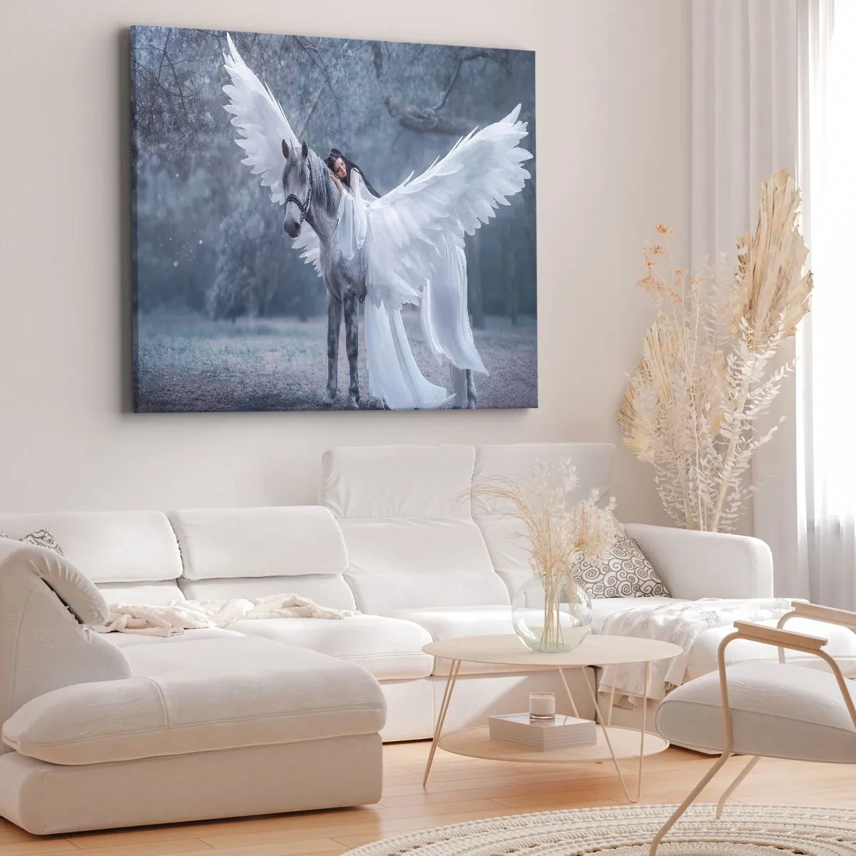 Quadro su tela - Stampe su Tela - Una donna su un cavallo bianco con le ali in una foresta magica - 70x50cm - Momento ispirato - Decorazione murale moderna per soggiorno e camera da letto ARTTOR