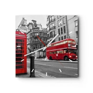 Orologio da parete - Orologio in Vetro - Una cabina telefonica rossa e un autobus a due piani a Londra con la città sullo sfondo - 30x30cm - Il più rosso d'Europa - Decorazione murale moderna per soggiorno e camera da letto ARTTOR