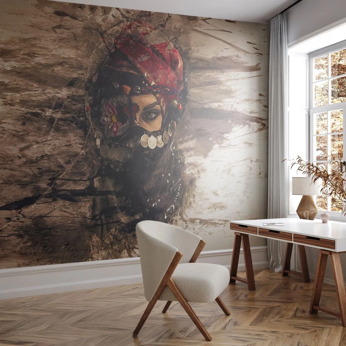 Fotomurali Premium Sand - Quantomeno inquietante - Astrazione, Volto di donna, Simboli orientali - 450x315 cm