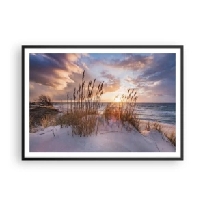 Poster in cornice nera - Dune con erba sullo sfondo del sole al tramonto - 100x70cm - L'addio al sole e al vento - Decorazione murale moderna per soggiorno e camera da letto ARTTOR