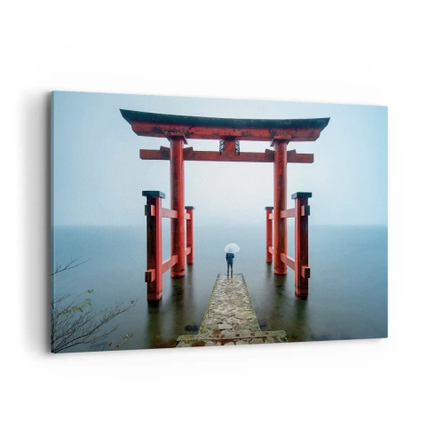 Quadro su tela - Stampe su Tela - Un cancello torii che si affaccia su un tranquillo lago in Giappone - 100x70cm - Meditazione giapponese - Decorazione murale moderna per soggiorno e camera da letto ARTTOR