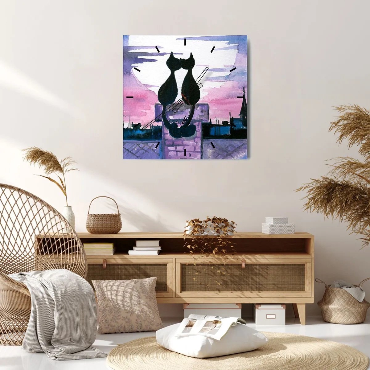 Orologio da parete - Orologio in Vetro - Gatti neri su un tetto al chiaro di luna in un ambiente acquerello - 30x30cm - Appuntamento sotto la luna - Decorazione murale moderna per soggiorno e camera da letto ARTTOR