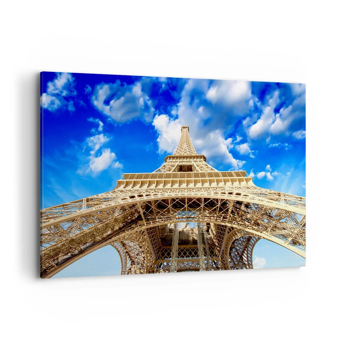 Quadro su tela - Stampe su Tela - La Torre Eiffel dal basso contro un cielo blu - 100x70cm - Toccare il cielo e le nuvole - Decorazione murale moderna per soggiorno e camera da letto ARTTOR