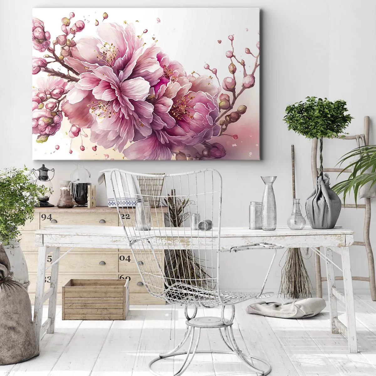 Quadro su tela - Stampe su Tela - Delicati fiori di ciliegio in piena fioritura su uno sfondo chiaro - 70x50cm - Fiore di ciliegio - Decorazione murale moderna per soggiorno e camera da letto ARTTOR