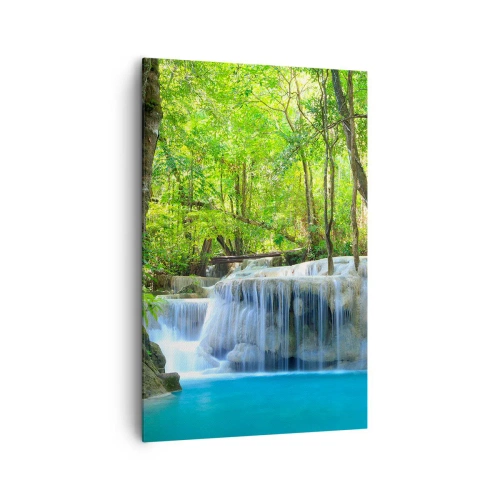 Quadro su tela - Stampe su Tela - Una cascata tra alberi verdi con acqua blu in un ambiente naturale - 80x120cm - Annegare nel turchese e nel verde - Decorazione murale moderna per soggiorno e camera da letto ARTTOR