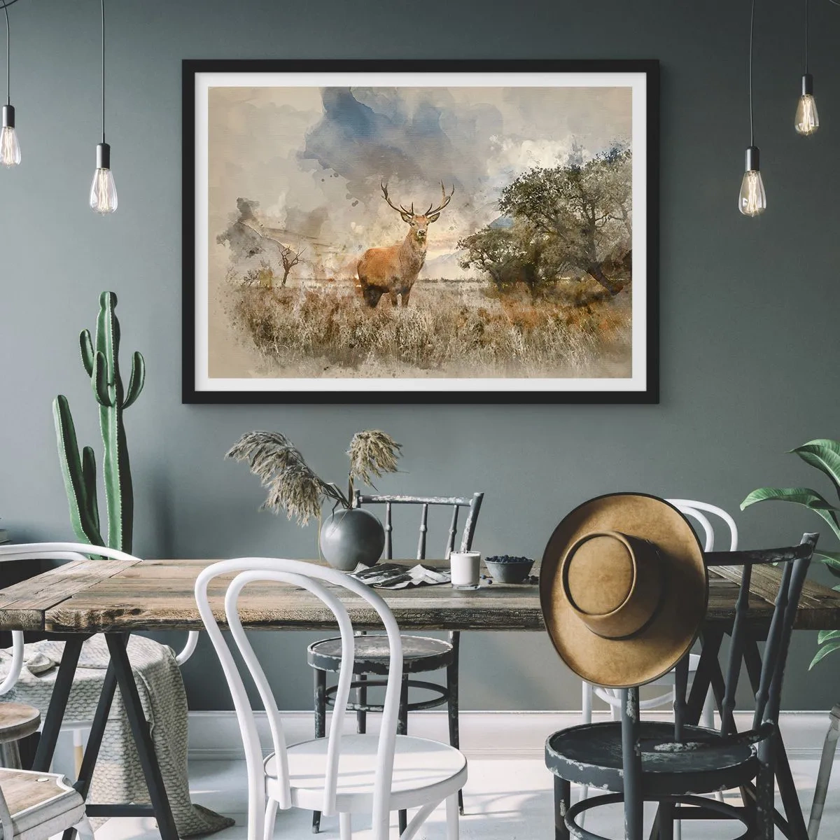 Poster in cornice nera - Un cervo in un ambiente naturale in stile acquerello - 70x50cm - Dignità - forza - maestosità - Decorazione murale moderna per soggiorno e camera da letto ARTTOR