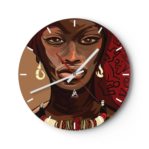 Orologio da parete - Orologio in Vetro - Ritratto di donna in stile africano con accenti rossi - 30x30cm - Venere di ebano - Decorazione murale moderna per soggiorno, cucina e camera da letto ARTTOR