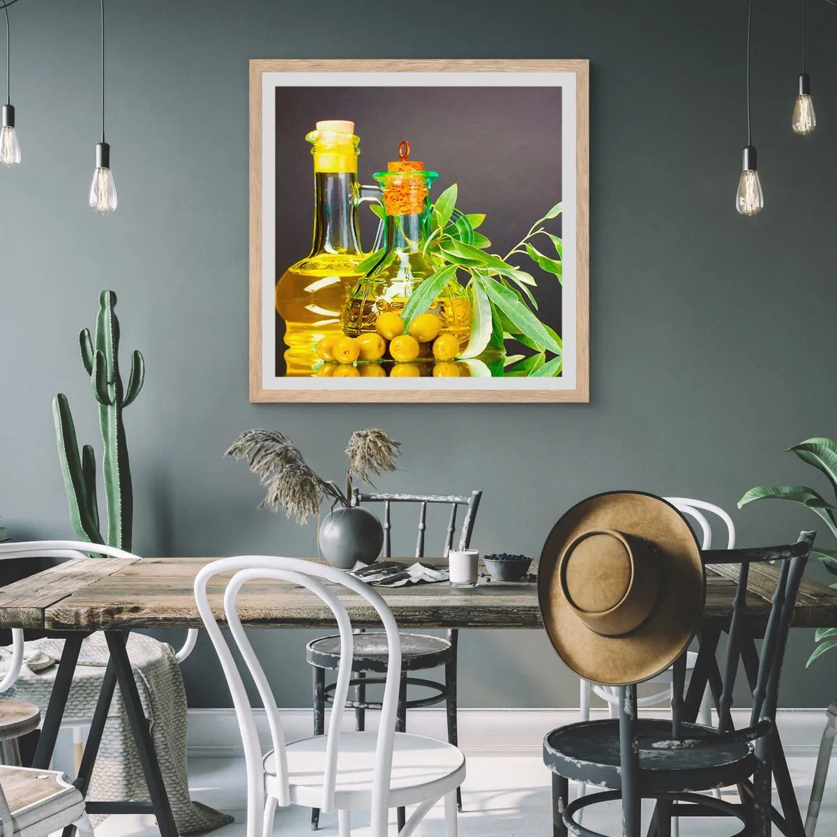 Poster in cornice rovere chiaro - Natura morta con olive e olio - 60x60 cm
