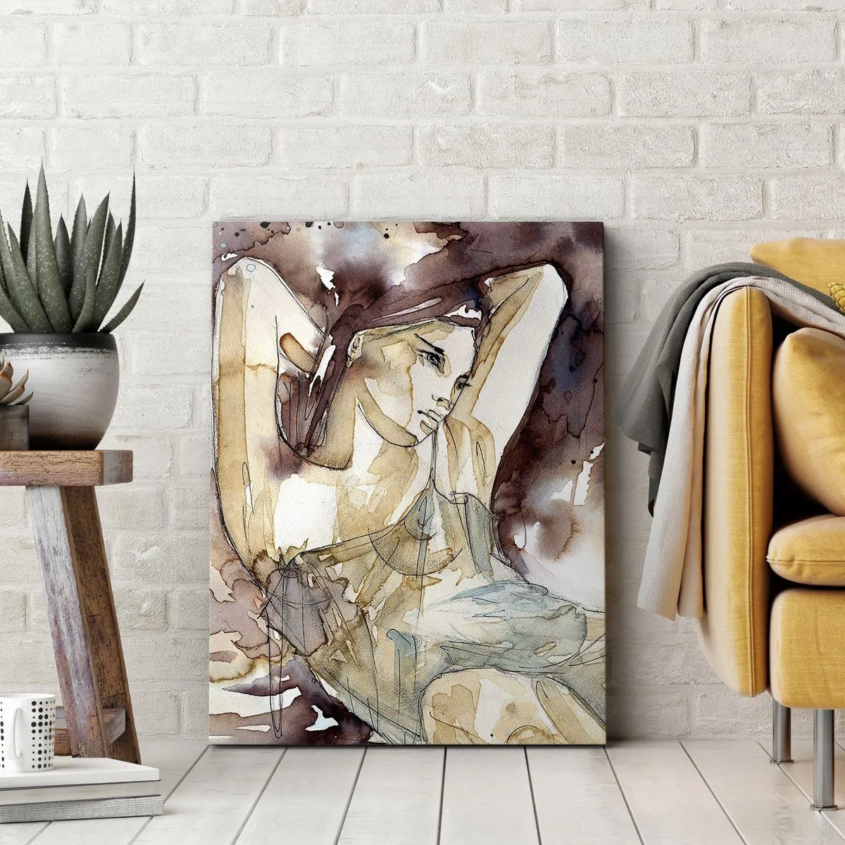 Quadro su tela - Stampe su Tela - Donna in stile acquerello artistico con sfondo marrone - 80x120cm - Di umore lilla - Decorazione murale moderna per soggiorno e camera da letto ARTTOR
