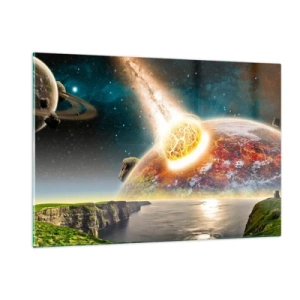 Quadro su vetro - Un meteorite si scontra con un pianeta nello spazio. - 120x80cm - Dramma cosmico - Decorazione murale moderna per soggiorno e camera da letto ARTTOR