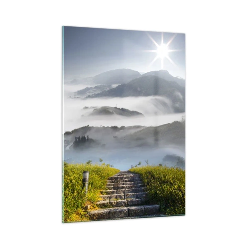 Quadro su vetro - Paesaggio montano con nebbia e scale che portano alla cima - 50x70cm - Sempre in alto verso le nuvole - Decorazione murale moderna per soggiorno e camera da letto ARTTOR