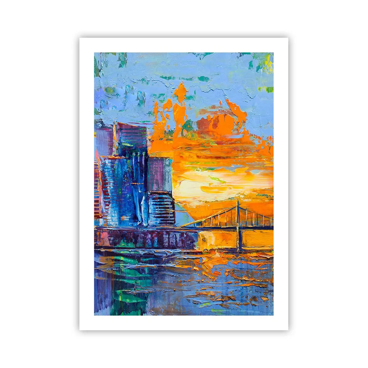 Poster - Un ponte colorato e la città illuminata dal sole al tramonto - 50x70cm - Cultura e natura - Decorazione murale moderna per soggiorno e camera da letto ARTTOR