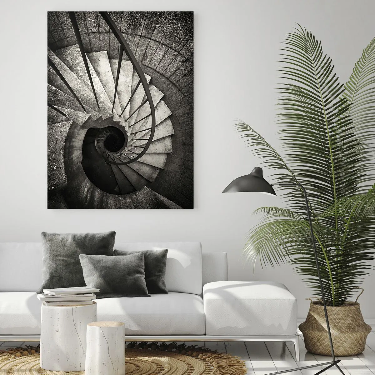 Quadro su vetro - Una scala a chiocciola in bianco e nero vista dall'alto - 50x70cm - Salire e scendere - Decorazione murale moderna per soggiorno e camera da letto ARTTOR